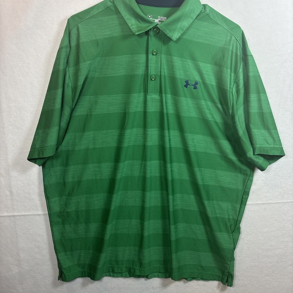 Under Armour Polo Shirt Mens XL Green Striped HeatGear Golf Loose Fit